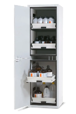 Bezpečnostní skříň pro ukládání kyselin a louhů Asecos, vysoká varianta (levé dveře)_4 zásuvky s vyjímatelnými plastovými záchytnými vanami